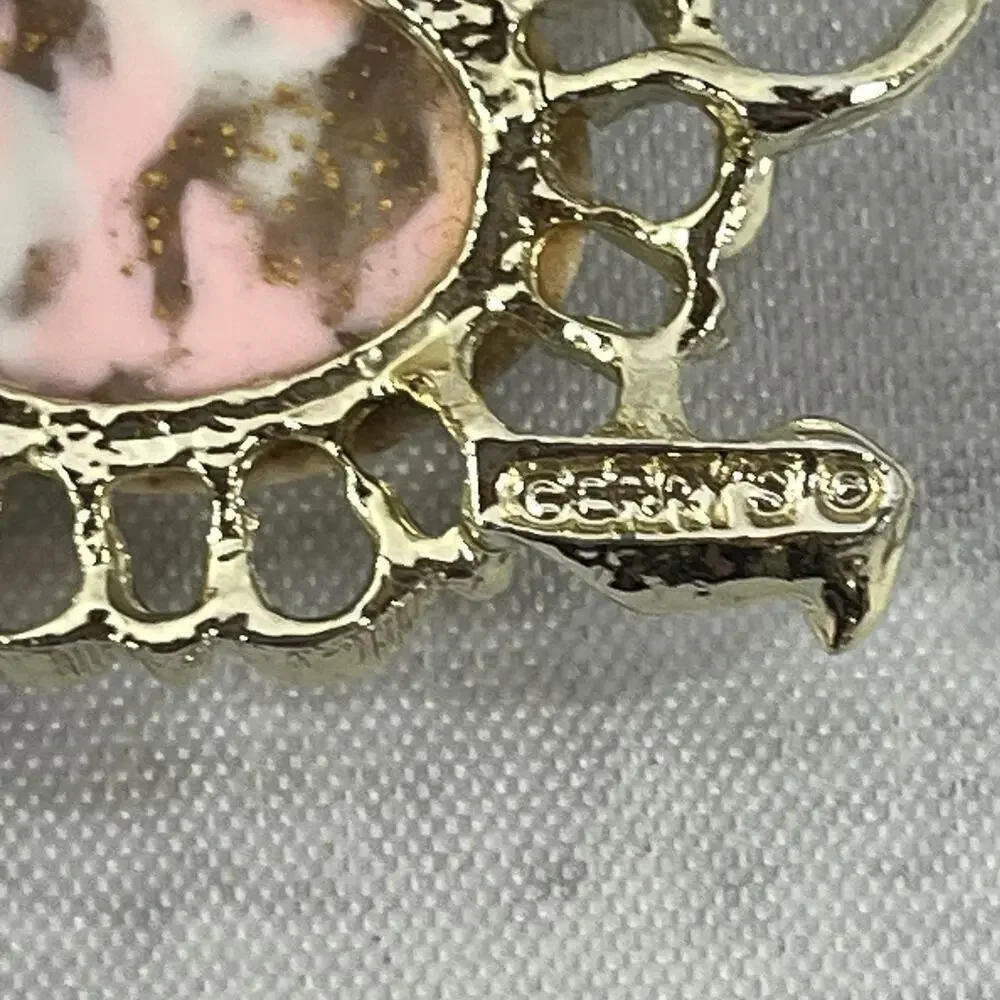 Vintage Gerrys Turtle Art Glass Cabochon Brooch Pin Marble Brown Gold 2.25